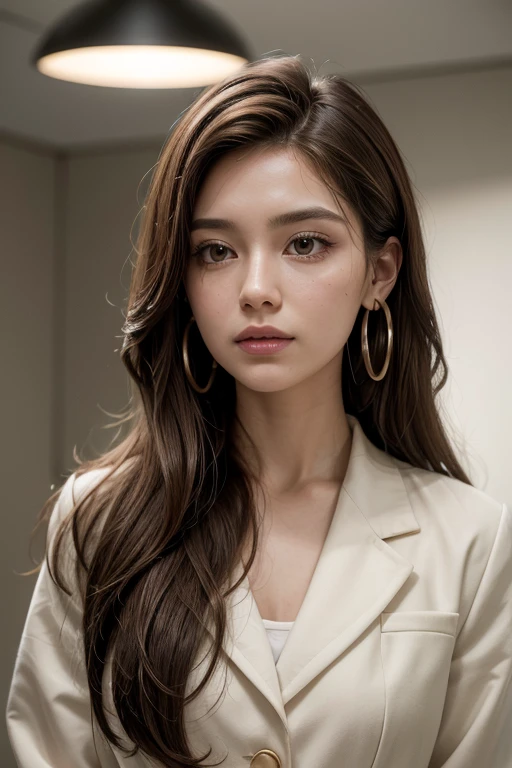 female therapist in consultation room suit, hair spread out, medium hair, brown hair, streaked hair, hoop earrings, makeup, cinematic lighting, silhouette, UHD, retina, high quality, accurate, 8k