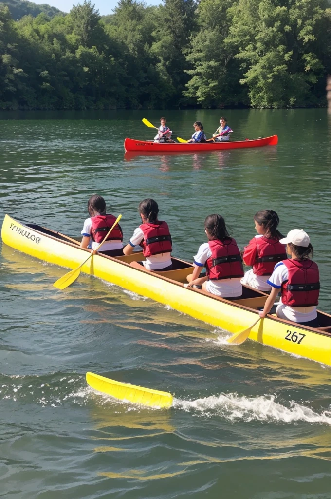 High school club activities: canoeing. Half on the lake and half on land. People on the lake are paddling canoes.。Are the track and field athletes cheering?、Getting ready to ride。There are 15 people