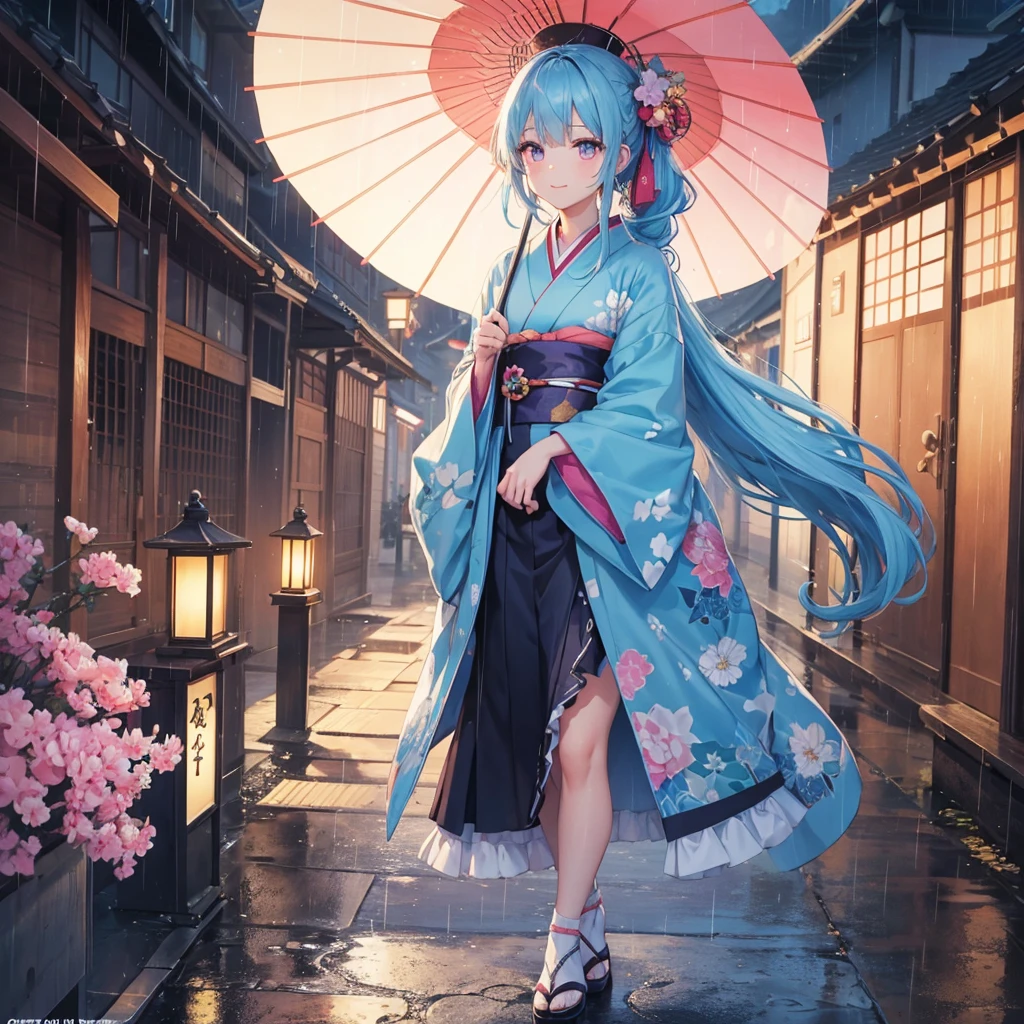 sky Blue hair, (braided ponytail),(pink eyes),fair skin ,(full body),(1 girl),smile,Straight Bangs,(masterpiece, best quality, ultra-detailed, best shadow), (detailed background), (beautiful detailed face), high contrast, (best illumination, an extremely delicate and beautiful), ((cinematic light)), colorful, hyper detail, dramatic light, intricate details,(rain shower),kyoto,Japanese Umbrella,kimono,