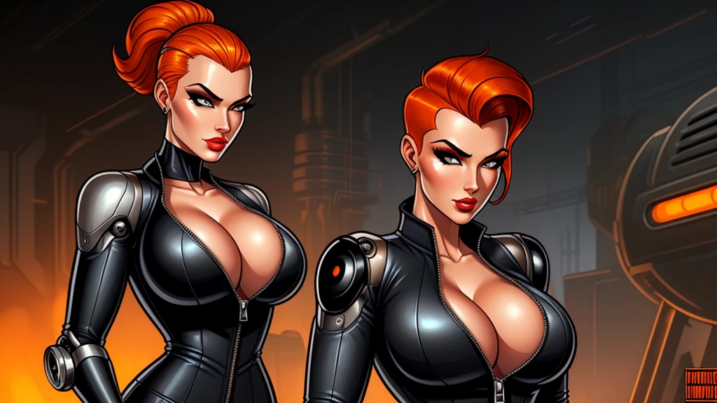 Femme Fatale, gorgeous mechanic, atompunk, blank background, retro-futurism, mechanical hand, cybernetic augments, unzipped orange jumpsuit, gunmetal grey, cleavage, half shaved head, ginger hair