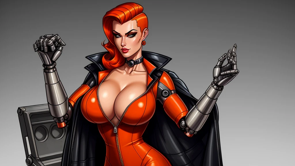 Femme Fatale, gorgeous mechanic, atompunk, blank background, retro-futurism, mechanical hand, cybernetic augments, unzipped orange jumpsuit, gunmetal grey, cleavage, half shaved head, ginger hair