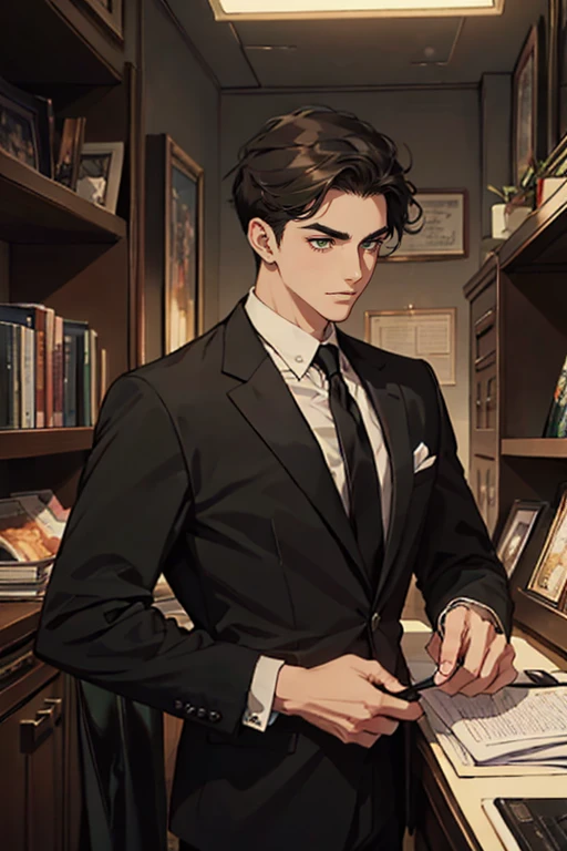 ((a young man in a black suit and tie)), taken in the early 1960s, gotham, alejandro, he looks very sophisticated, (((left-side swept black short hair))), (dark green eyes and thick eyebrows), smirk. ((20 years old)), masterpiece, posture dynamic, ((one man)), ((brown skin))