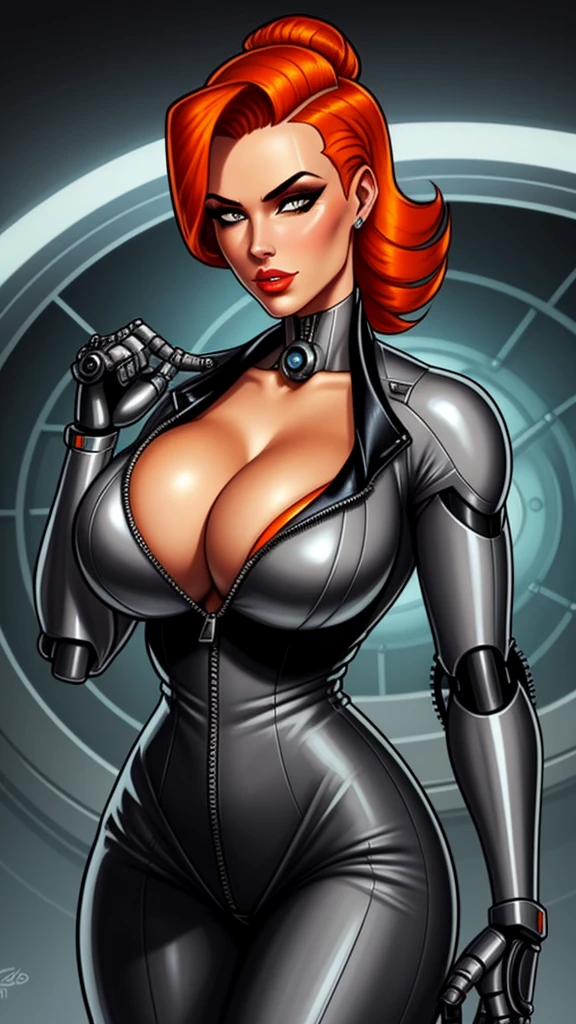 Femme Fatale, gorgeous mechanic, atompunk, blank background, retro-futurism, mechanical hand, cybernetic augments, unzipped orange jumpsuit, gunmetal grey, cleavage, half shaved head, ginger hair