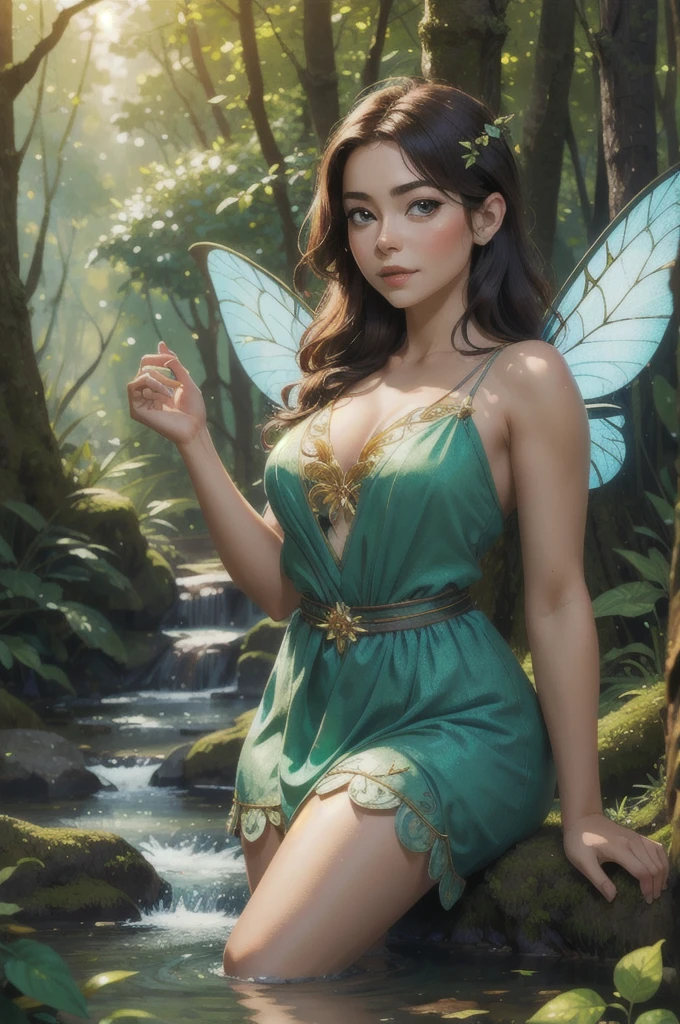 (masterpiece, best quality), photo of a woman, realistic, beautiful, forest, fairy, bokeh, stream, vibrant lighting