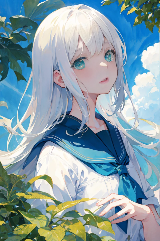 masterpiece, best quality, illustration, watercolor, flat color, blue sky, 1girl, close-up, straight-on, looking at viewer, detailed medium white hair, green eyes, serafuku, parted lips