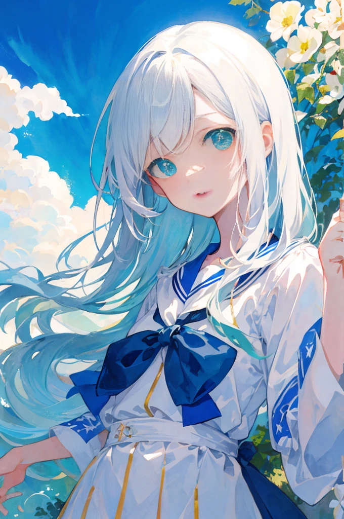 masterpiece, best quality, illustration, watercolor, flat color, blue sky, 1girl, close-up, straight-on, looking at viewer, detailed medium white hair, green eyes, serafuku, parted lips