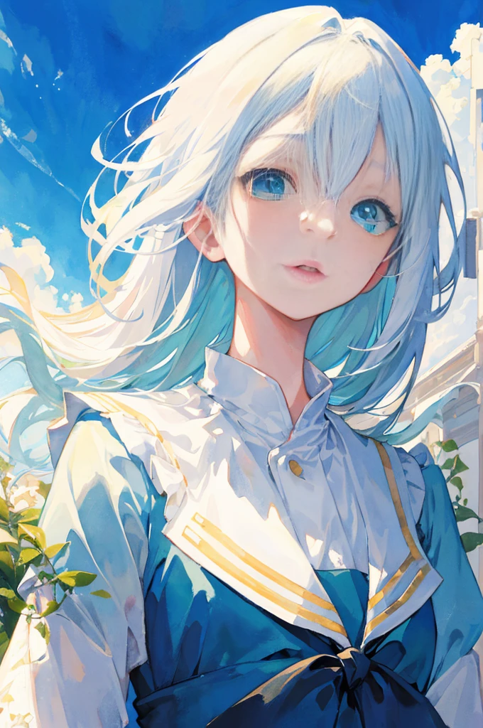 masterpiece, best quality, illustration, watercolor, flat color, blue sky, 1girl, close-up, straight-on, looking at viewer, detailed medium white hair, green eyes, serafuku, parted lips