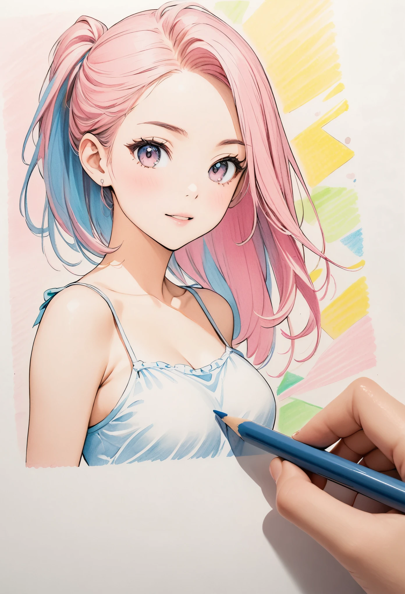 female,short camisole,white,Art,ad,colour pencil drawing,draft drawing,illustration