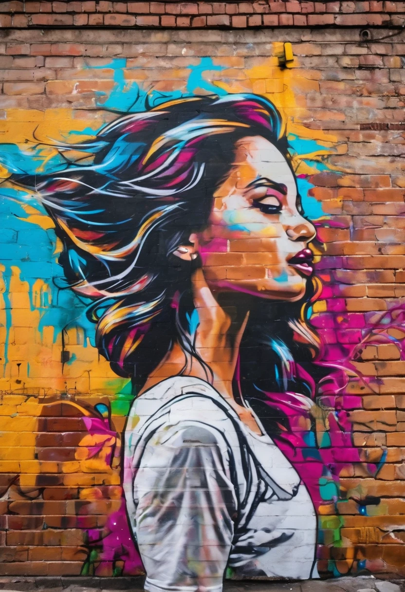 Beautiful stunning woman waving hair splash graffiti wallpainting on a corner house rough brick wall colorful streetpainting showing street mouvment