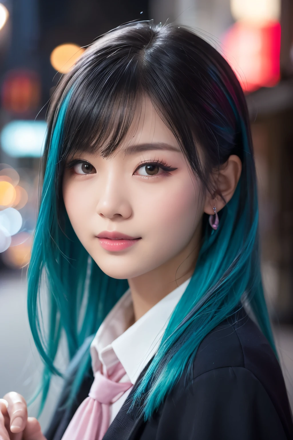 high quality, High resolution, masterpiece, completion, detailed.impressive, Cutting-edge female photography portraits, Showcasing a bold and daring street-art style. Facing forward、A gentle smile、Soft look, cyan, and purple, Her vibrant makeup really catches the eye.. Her colorful hair is tied up high, Holding her pet dog、Blue and pink hues in harmony. 背景には蛍光クロムイエローand purpleの魅惑的なグラデーションが施されています, Blends seamlessly with the dynamic colors of your subject. An unforgettable image. The New York Times background adds sophistication and depth.
