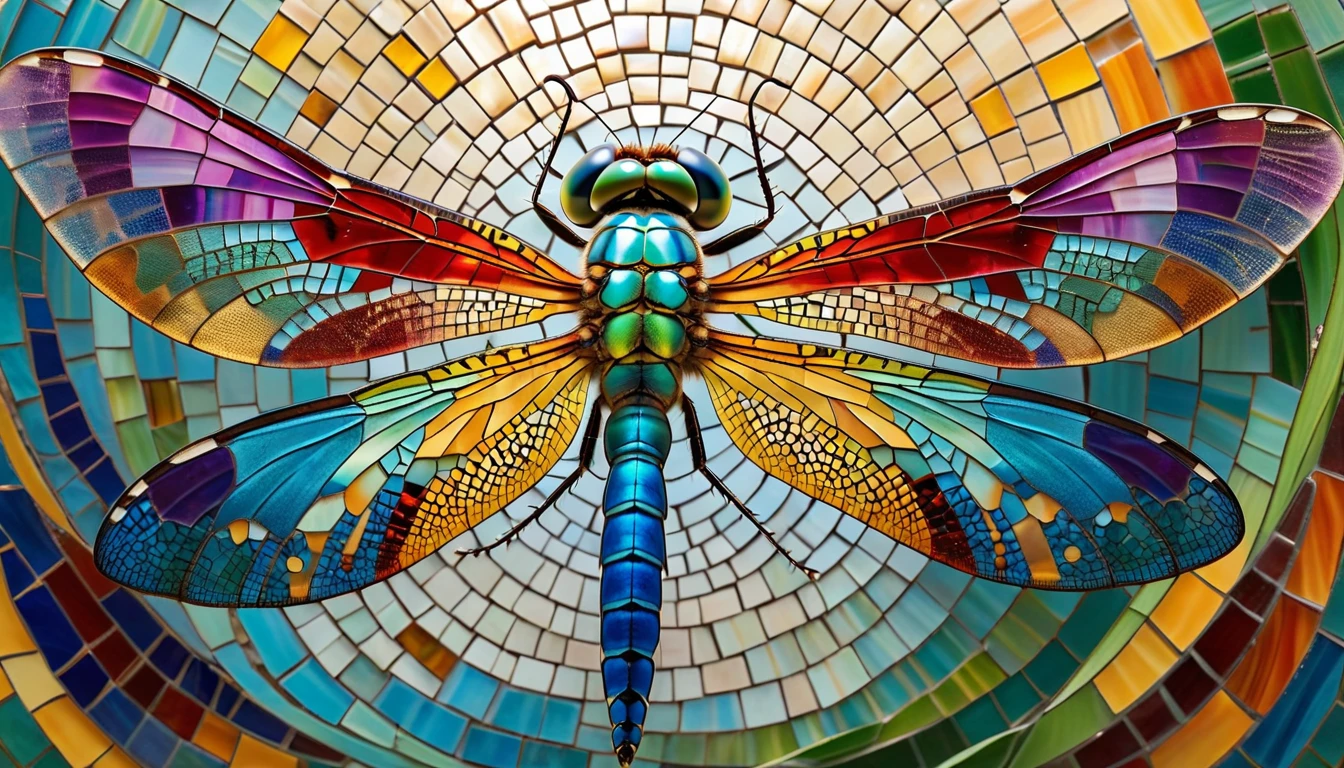 A dragonfly emerging from its cocoon, its wings unfurling to reveal a stunning mosaic of colors and patterns, symbolizing transformation and growth.