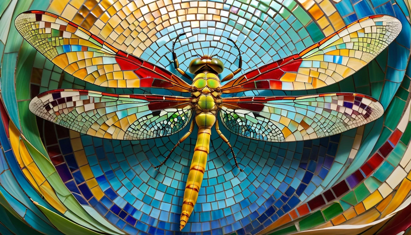 A dragonfly emerging from its cocoon, its wings unfurling to reveal a stunning mosaic of colors and patterns, symbolizing transformation and growth.