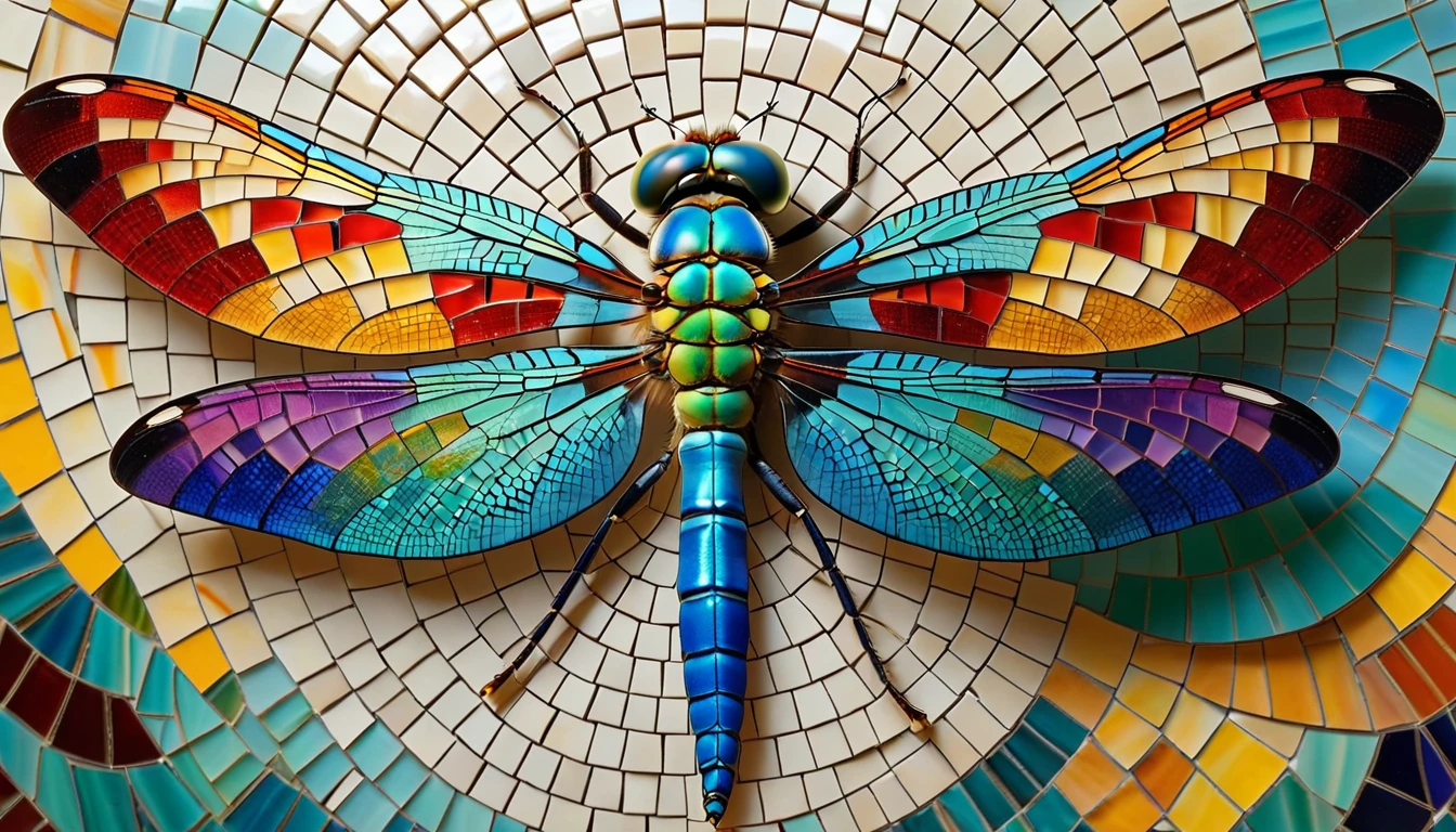 A dragonfly emerging from its cocoon, its wings unfurling to reveal a stunning mosaic of colors and patterns, symbolizing transformation and growth.