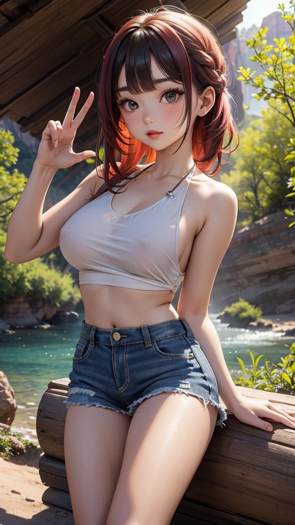  beautiful girl、Portrait Photography , peace sign, Zion National Park hiking trails, Bright red lips, (masterpiece) (Highest quality) (detailed) (8K) (High resolution) (Cinema Lighting) (Sharp focus)、Rainbow Hair、(Inner Color: Random), ((blush: 0.8)), Natural skin texture, Transparent skin、Influencer, rolled up、Big Breasts、Sheer Croc Top Tank Top, Bikini Tops、A step back angle、A scene from a movie、M-shaped legs