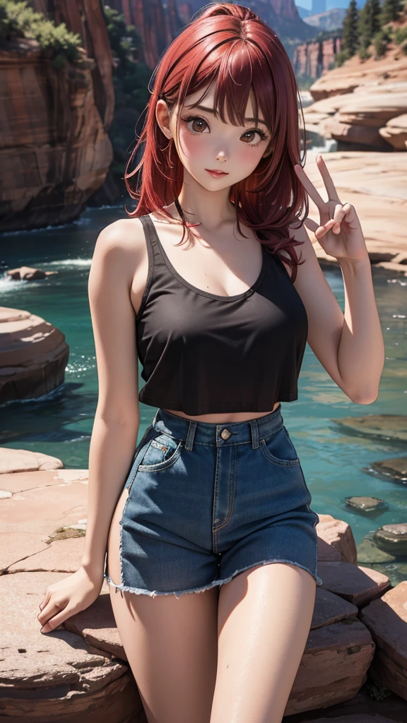 16 year old beautiful girl、Portrait Photography , peace sign, Zion National Park hiking trails, Bright red lips, (masterpiece) (Highest quality) (detailed) (8K) (High resolution) (Cinema Lighting) (Sharp focus)、Rainbow Hair、(Inner Color: Random), ((blush: 0.8)), Natural skin texture, Transparent skin、Influencer, rolled up、Big Breasts、Sheer Croc Top Tank Top, Bikini Tops、A step back angle、A scene from a movie、M-shaped legs