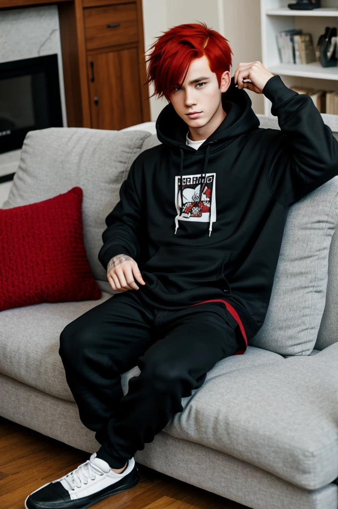 Anime boy with red hair, black hoodie hood pulled up on the couch 