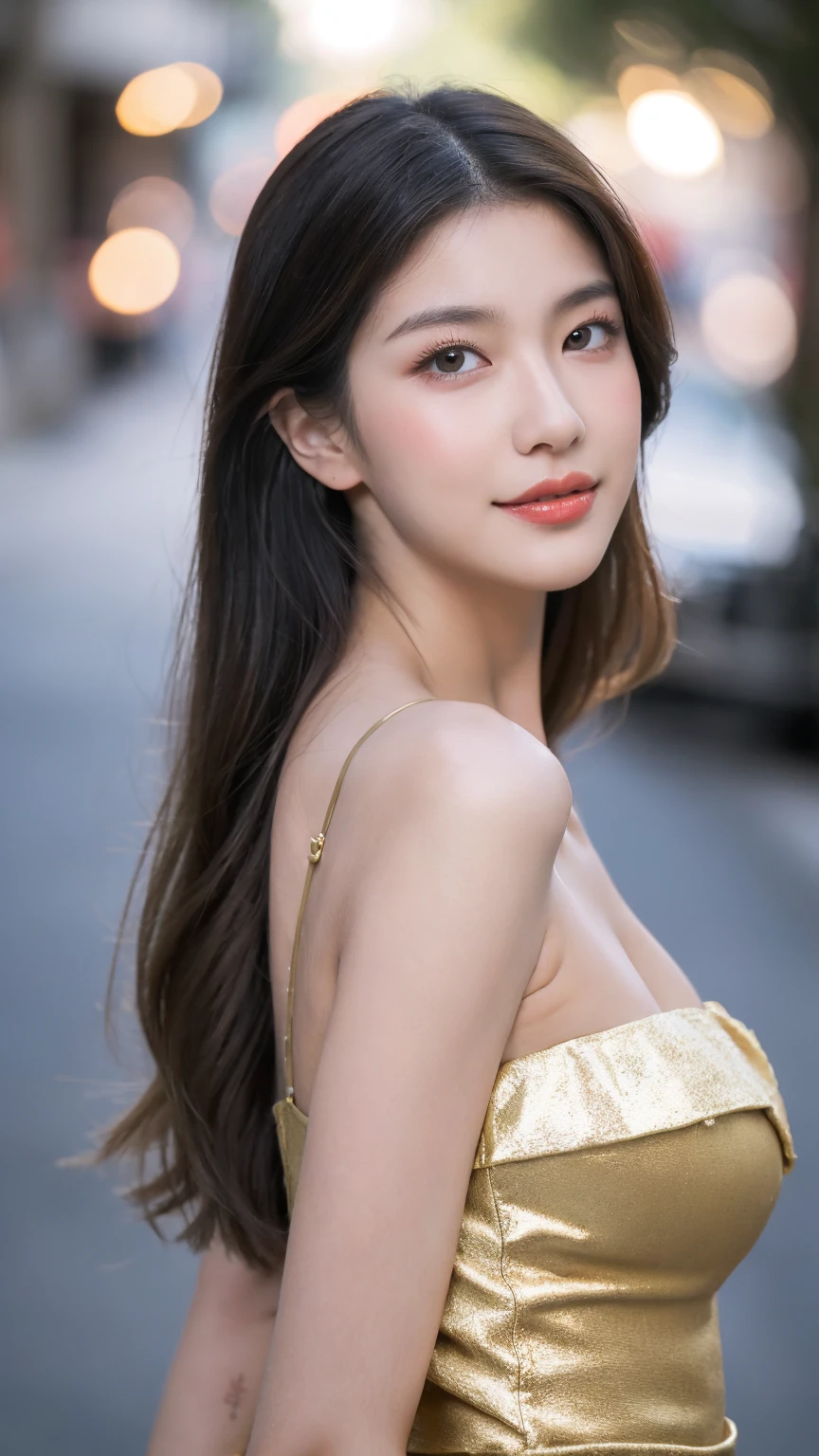 ((Best quality, 8K, masterpiece:1.3))，1girl，18 years old，Asian，Real texture:1.3，(Background blur:1.1)，Gorgeous long dress，Tall and slender figure:1.2，(Hot summer weather)，（street:1.3），Highly detailed face and skin textures，Exquisite eyes，Long eyelashes，Double eyelids，Skin Whitening，happy，Various postures，Big breasts