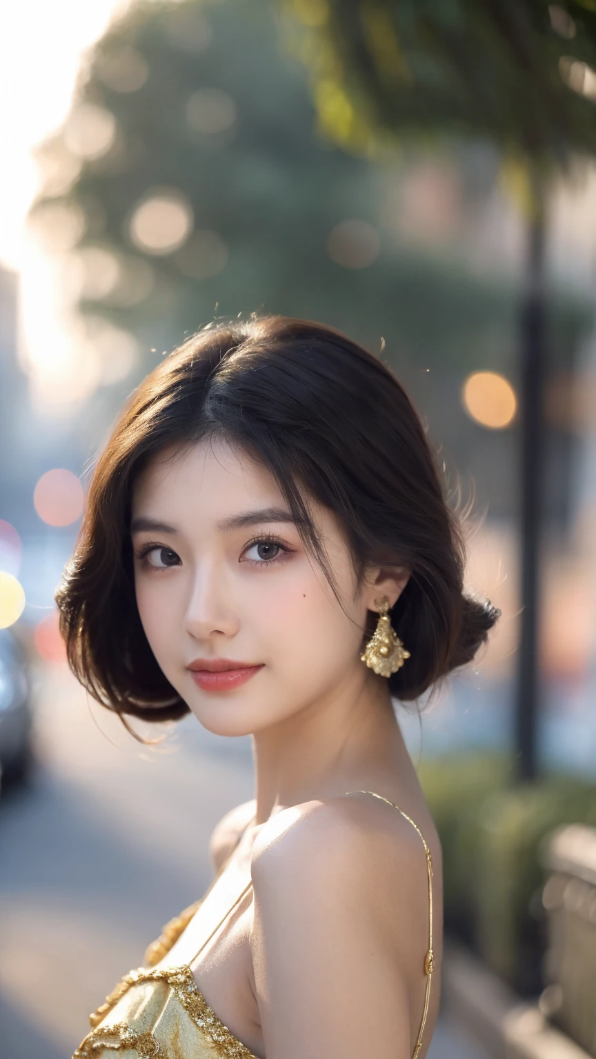 ((Best quality, 8K, masterpiece:1.3)),1girl,18 years old,Asian,Real texture:1.3,(Background blur:1.1),Gorgeous long dress,Tall and slender figure:1.2,(Hot summer weather),(street:1.3),Highly detailed face and skin textures,Exquisite eyes,Long eyelashes,Double eyelids,Skin Whitening,happy,Various postures,Big breasts