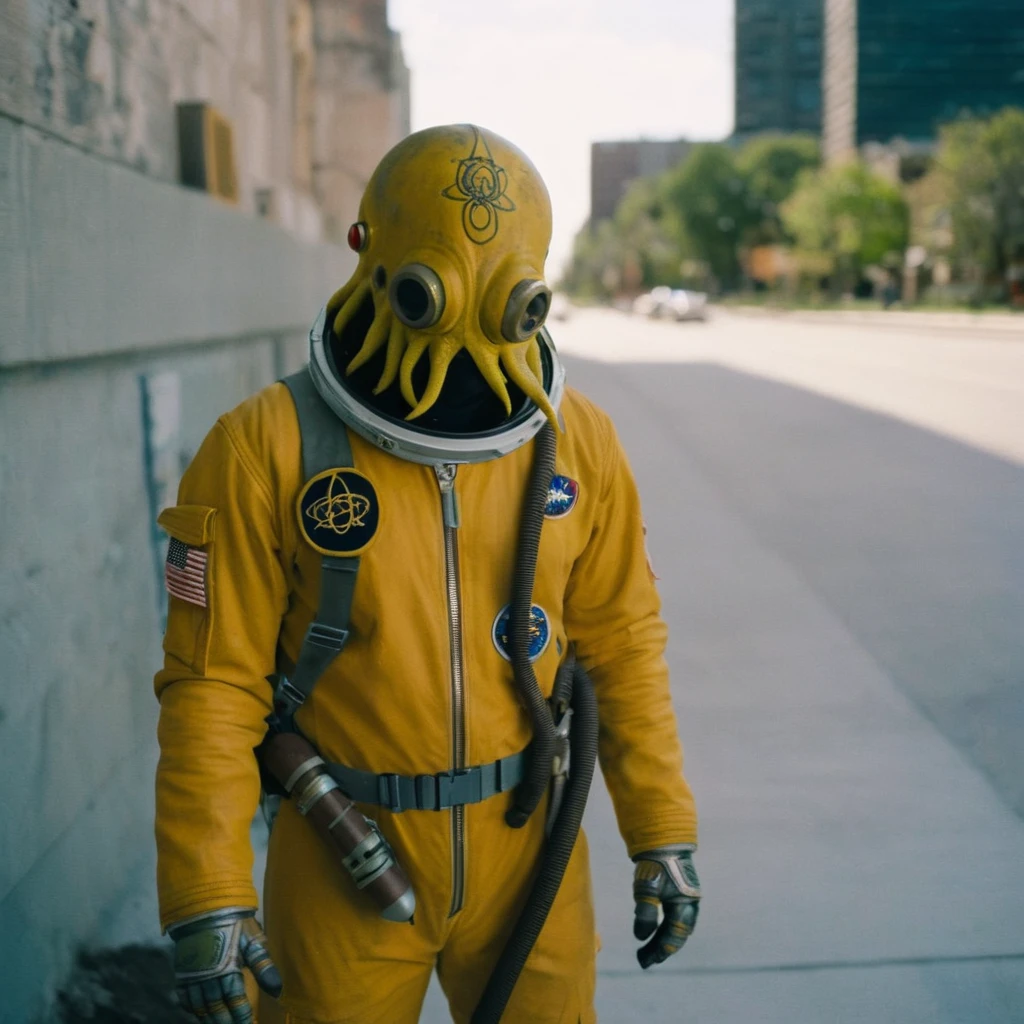 Horror-themed,  In an ancient and mysterious city a person wearing a yellow helmet with yellow spikes on it carcosa city style, Don Bluth Style ASTRONAUT Cthulhu yellow Toon Doll, full body RAW candid cinema, cyan hair, 16mm, color graded portra 400 film, Eerie, unsettling, dark, spooky, suspenseful, grim, highly detailed