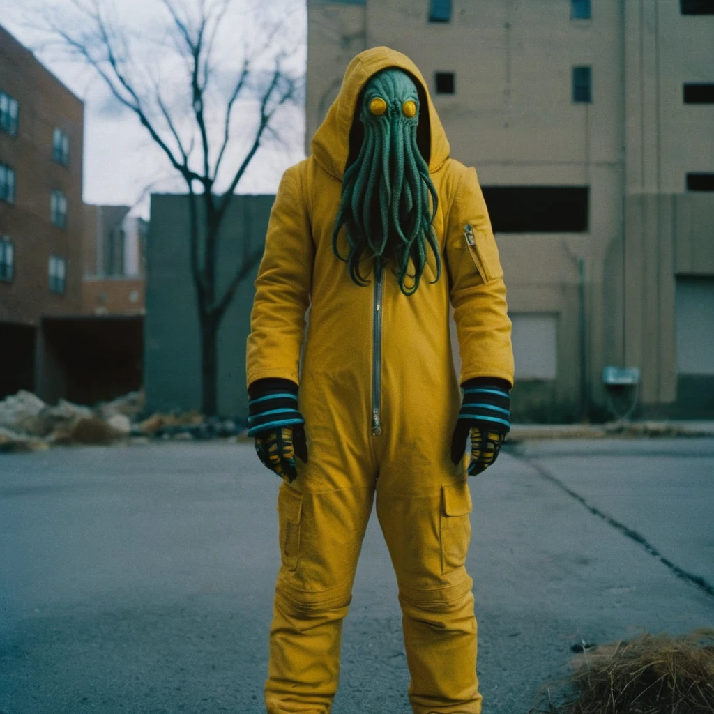 Horror-themed, In an ancient and mysterious city a person wearing a yellow helmet with yellow spikes on it carcosa city style, Don Bluth Style ASTRONAUT Cthulhu yellow Toon Doll, full body RAW candid cinema, cyan hair, 16mm, color graded portra 400 film, Eerie, unsettling, dark, spooky, suspenseful, grim, highly detailed