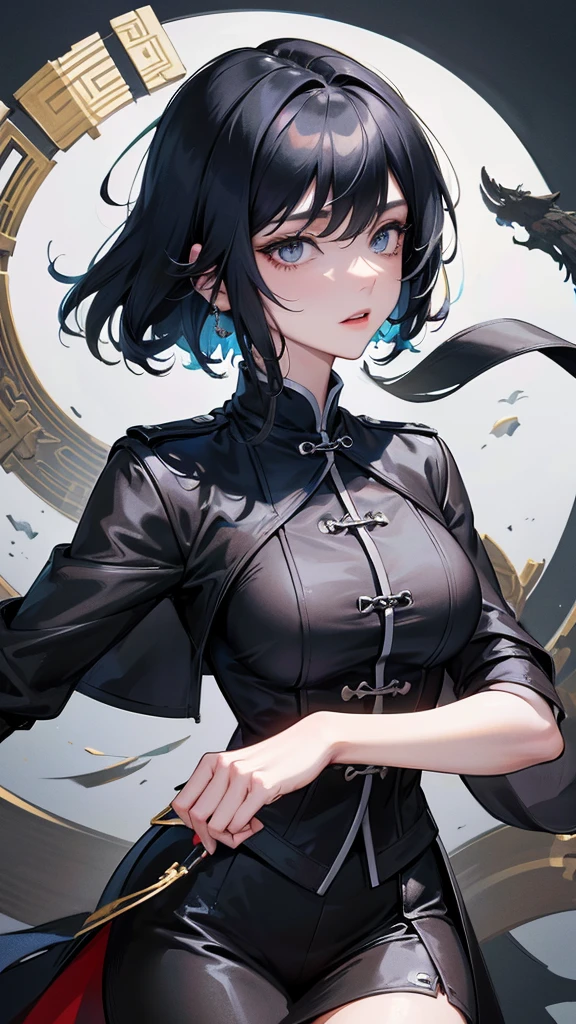 Masterpiece, Best quality, 1 Female, Mature Woman, Elder Sister, young girl, Royal Sister, Cold Face, strong, green eyes, wolfcut short hair, smoky mix navy blue color hair, resolute eyes, simple black and white Taoist Taoist uniform, long black eardrop, Chinese mix morden, frontal photo, blank background, remove background, wolfcut hairstyle, anime, illustration