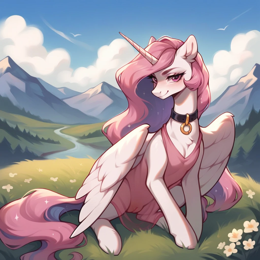score_9, score_8_up, score_7_up, score_6_up, score_5_up, score_4_up, rating_explicit, outdoors, purple (see through pink dress and neck choker), solo, feral pony, princess celestia with pink mane, evil smile, closed mouth,BREAK mountain, day, sky, flower, mountainous horizon, blue sky, grass