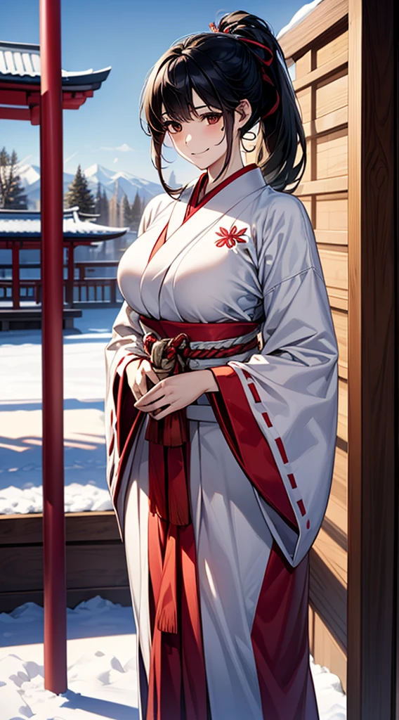 ((Perfect Anatomy, Anatomically correct, Very detailed肌)),
1 Girl, Japanese, 30 years old, Shiny skin, Large Breasts:0.5, Take in the view,
((Miko costume, Long sleeve, Red too, Hair Ribbon)), break,
Beautiful Hair, Beautiful Face, Beautiful attention to detail, (Mid-length hair:1.2, ponytail:1.2), ((Black Hair)), Brown eyes, Baby Face, Mole under the eye, break,
((Cute smile, Happy)), Are standing, walking, Holding a broom,
(Beautiful views), winter, dawn, (New Year, First visit), (shrine), crowd, snow, snowfall:1.5, Frozen Weather, Frost,
(8K, Highest quality, Masterpiece:1.2, Very detailed), (Realistic:1.2), sunlight, Beautiful art, Visual Arts, Depth of written boundary, Natural light,
