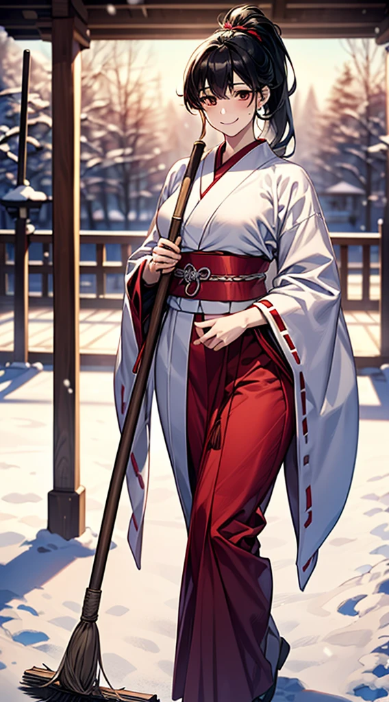 ((Perfect ???????, Anatomically correct, Very detailed肌)),
1 Girl, Japanese, 30 years old, Shiny skin, Large Breasts:0.5, Take in the view,
((Miko costume, Long sleeve, Red too, Hair Ribbon)), break,
Beautiful Hair, Beautiful Face, Beautiful attention to detail, (Mid-length hair:1.2, ponytail:1.2), ((Black Hair)), Brown eyes, Baby Face, Mole under the eye, break,
((Cute smile, Happy)), Are standing, walking, Holding a broom,
(Beautiful views), winter, dawn, (New Year, First visit), (shrine), crowd, snow, snowfall:1.5, Frozen Weather, Frost,
(8K, Highest quality, Masterpiece:1.2, Very detailed), (Realistic:1.2), sunlight, Beautiful art, Visual Arts, Depth of written boundary, Natural light,
