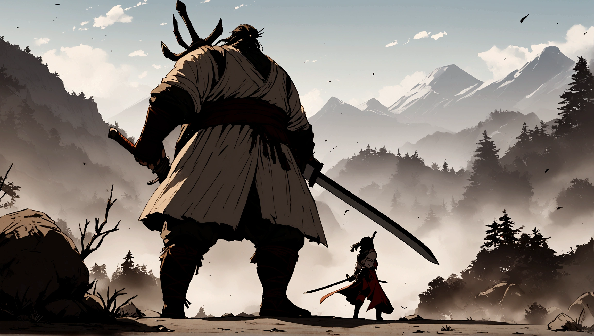 Girl fighting Sekiro game Boss. Girl has a sword. The boss is very big. Landscape