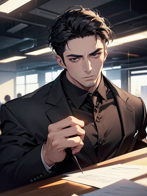(best quality, masterpiece, 8K, photorealistic, cinematic lighting, hdr image, ultra detailed, beautiful image), 1 man, 31 years old, mature man, very handsome, (without expression, serious), short black hair, black eyes ( penetrating gaze), imposing posture, businessman, office background