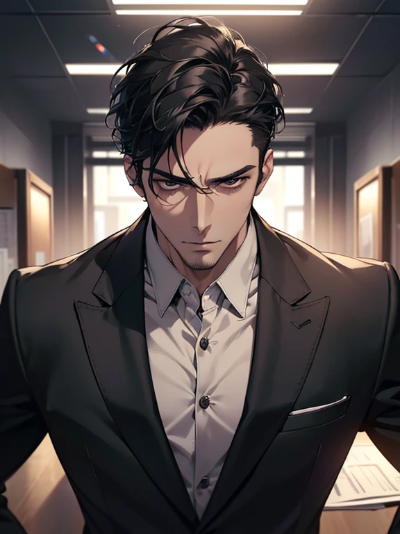 (best quality, masterpiece, 8K, photorealistic, cinematic lighting, hdr image, ultra detailed, beautiful image), 1 man, 31 years old, mature man, very handsome, (without expression, serious), short black hair, black eyes ( penetrating gaze), imposing posture, businessman, office background