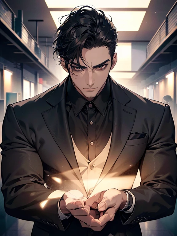 (best quality, masterpiece, 8K, photorealistic, cinematic lighting, hdr image, ultra detailed, beautiful image), 1 man, 31 years old, mature man, very handsome, (without expression, serious), short black hair, black eyes ( penetrating gaze), imposing posture, businessman, office background