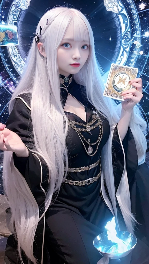 Mysterious woman doing tarot reading,Tarot Reading,cute face,Blunt bangs, Straight hair, Shiny hair,Medieval mystery clothes,Mysterious fortune teller,Mysterious hermit,White Magician,magical lights,albino,Red Eyes,Red glowing eyes,Magical powers,