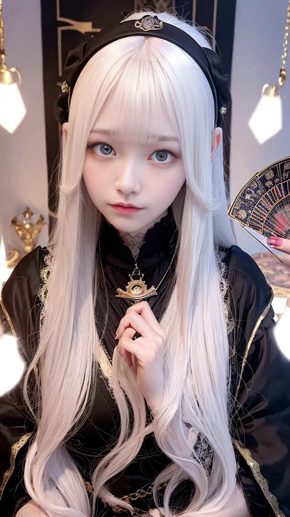 Mysterious woman doing tarot reading,Tarot Reading,cute face,Blunt bangs, Straight hair, Shiny hair,Medieval mystery clothes,Mysterious fortune teller,Mysterious hermit,White Magician,magical lights,albino,Red Eyes,Red glowing eyes,Magical powers,