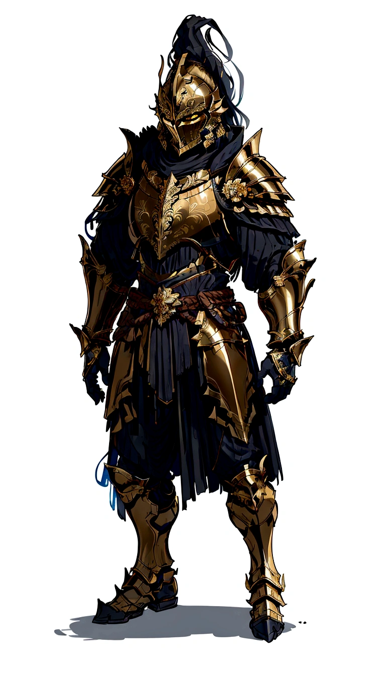 a drawing of a man in armor with a sword, heavy gold obsidian armor, gold obsidian armor, black and golden armor, black and gold armor, heavy white and golden armor, brass colored armor coat, heavy gold armour, heavy golden armour, render of heavy fantasy armor, intricate bronze armour, gold heavy armor. dramatic, gloden armor, detailed bronze armor