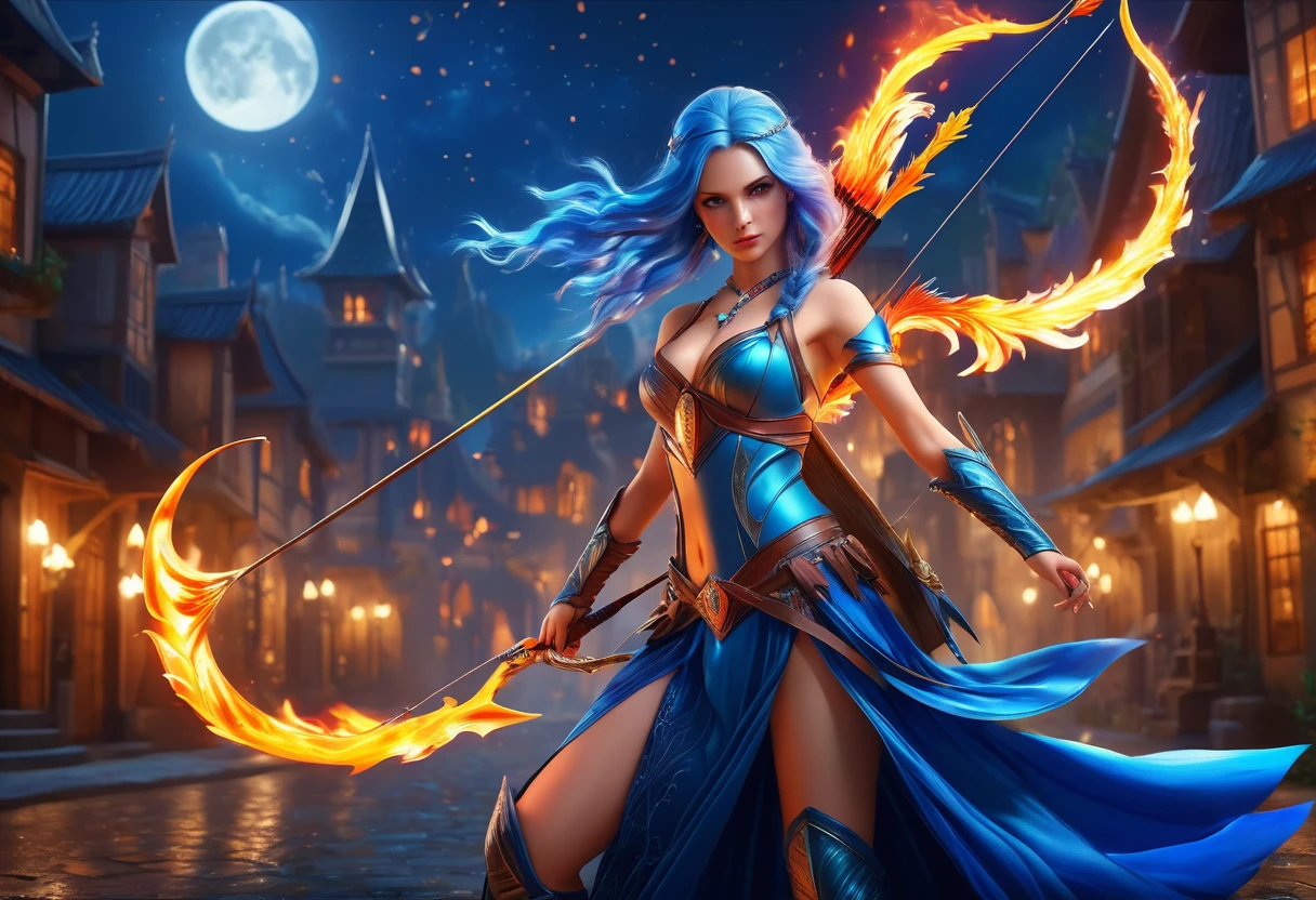 a picture of fire sorceress firing a flaming arrow from a magnificent epic bow, an elite glamour beautiful  fire sorceress, blue hair, long hair, wavy hair, wearing wild glamour dress, intricate dress, dynamic color dress , with fire patterns on it, aiming an epic bow with a flaming arrow,  dynamic bow, sting drawn to the cheek , arrow ready to be shot, dynamic bow, sting drawn to the cheek , arrow ready to be shot, it is night, moon light, starry night, cloudy night,  high details, best quality, 16k, [ultra detailed], masterpiece, best quality, (extremely detailed), dynamic angle, full body shot, fantasy urban street at night bacground, Aiming a Bow, bow (weapon), Aiming a Bow ,faize, ral-lava