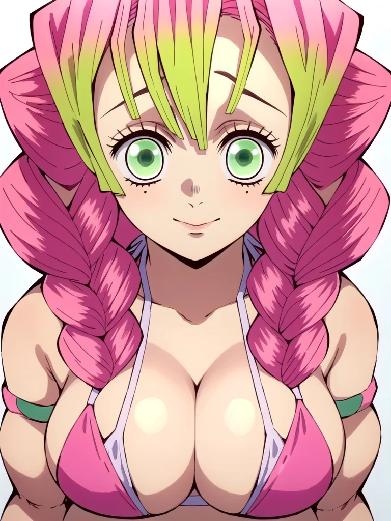 (masterpiece, best quality), intricate details,
MitsuriKanroji, kanroji mitsuri, 1girl, solo, upper body, long hair, winking, green eyes, pink hair, braid, green hair, twin braids, parody, portrait, close up, large breast, huge breasts, bikini top, headshot, collarbone, neck, bare shoulders, pink bikini top, cleavage, in frame, peeker, top angle, shot from above, head shot, perfect shot, plain background, white background, photoshoot