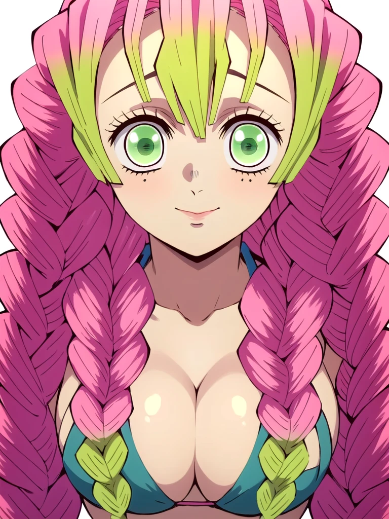 (masterpiece, best quality), intricate details,
MitsuriKanroji, kanroji mitsuri, 1girl, solo, upper body, long hair, winking, green eyes, pink hair, braid, green hair, twin braids, parody, portrait, close up, large breast, huge breasts, bikini top, headshot, collarbone, neck, bare shoulders, pink bikini top, cleavage, in frame, peeker, top angle, shot from above, head shot, perfect shot, plain background, white background, photoshoot