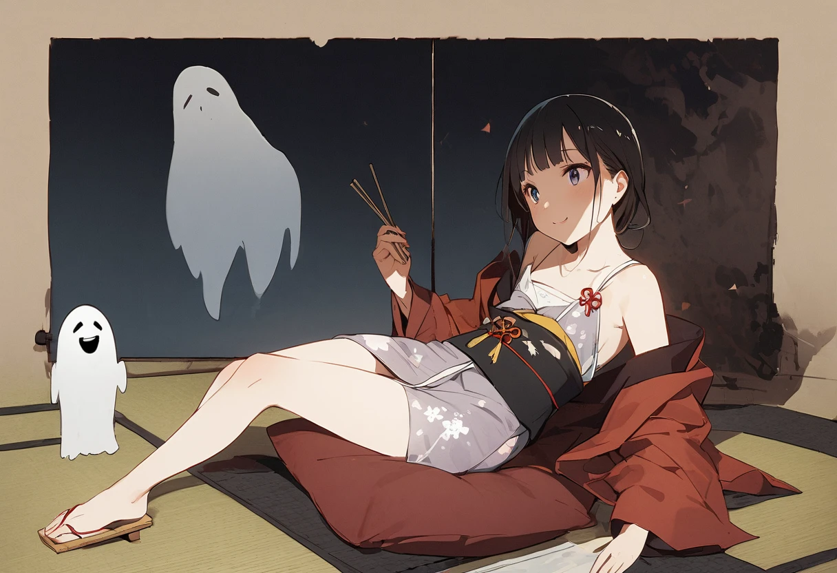 head shot、Showing her 、Zashiki-warashi、Apparition、ghost、pillow、Run、Japanese style、Shoji screen、tatami、ghost屋敷、darkness、Late Night、kimono、Bob、Girl、Girl、Younger、Baby Face、flat chest、Black Long Hair、Dynamic Angle、smile、Eyes open、ball、Flower Hair Ornaments、Geta or bare feet
