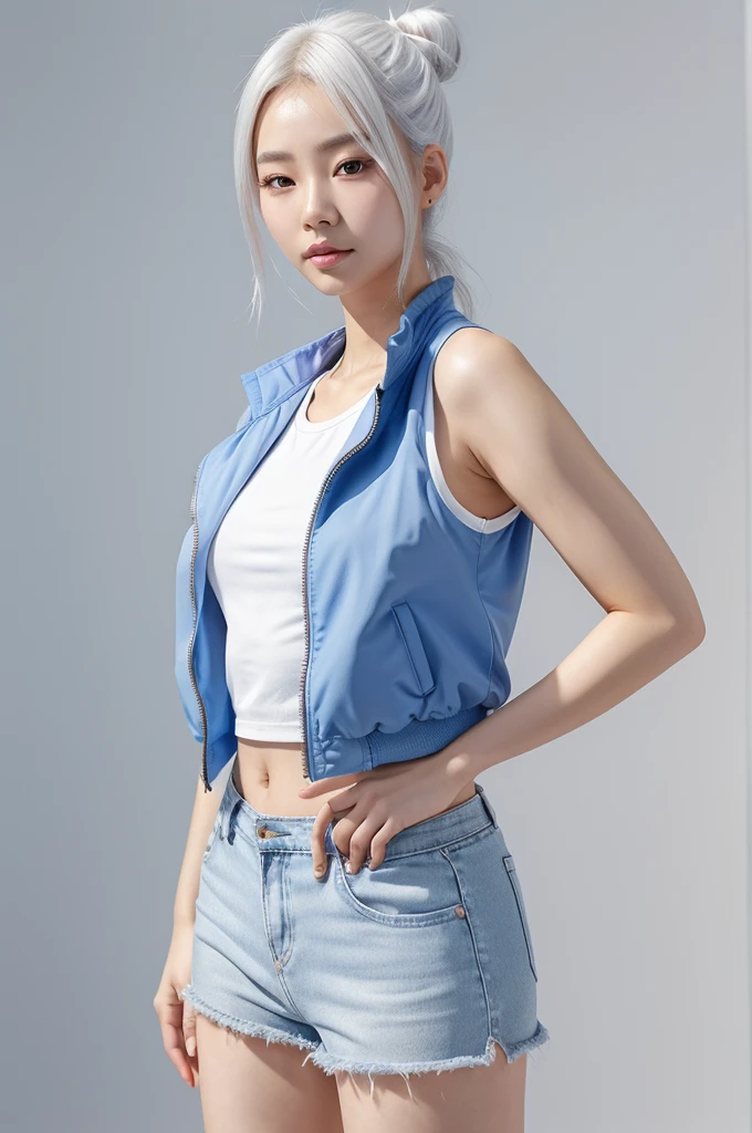 Full body portrait of Korean Woman standing straight, torso and face facing camera, in sky-blue tank top and jacket, in white background. Cute face, no make up, HD, ultra realistic, white hair, single bun on back hairstyle