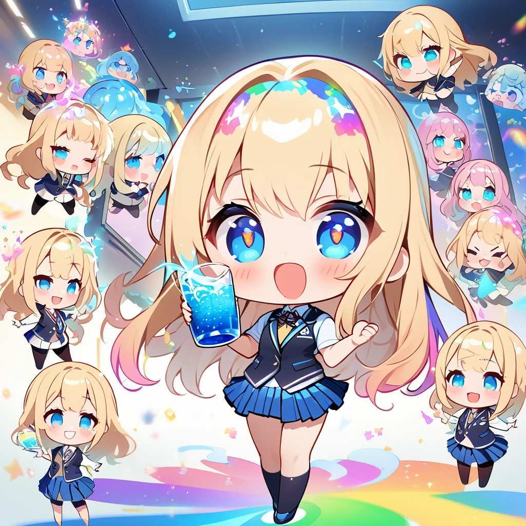 masterpiece、best quality、Topic Depth、2illustration、Many beautiful girls、solo, (((Chibi style)))、long, Beautiful hair、Shiny Blonde Hair、Lovely、Beautifully detailed eyes、((Vest))、A glass of blue soda water, ((rich and colorful))、mini skirt、((a happy expression))、((School of the Future)), ((full-body shot))、((Learning magic in the classroom))、((There'There's a lot of pink around))、thigh、((Bright colors))、spark、((lens flare))、