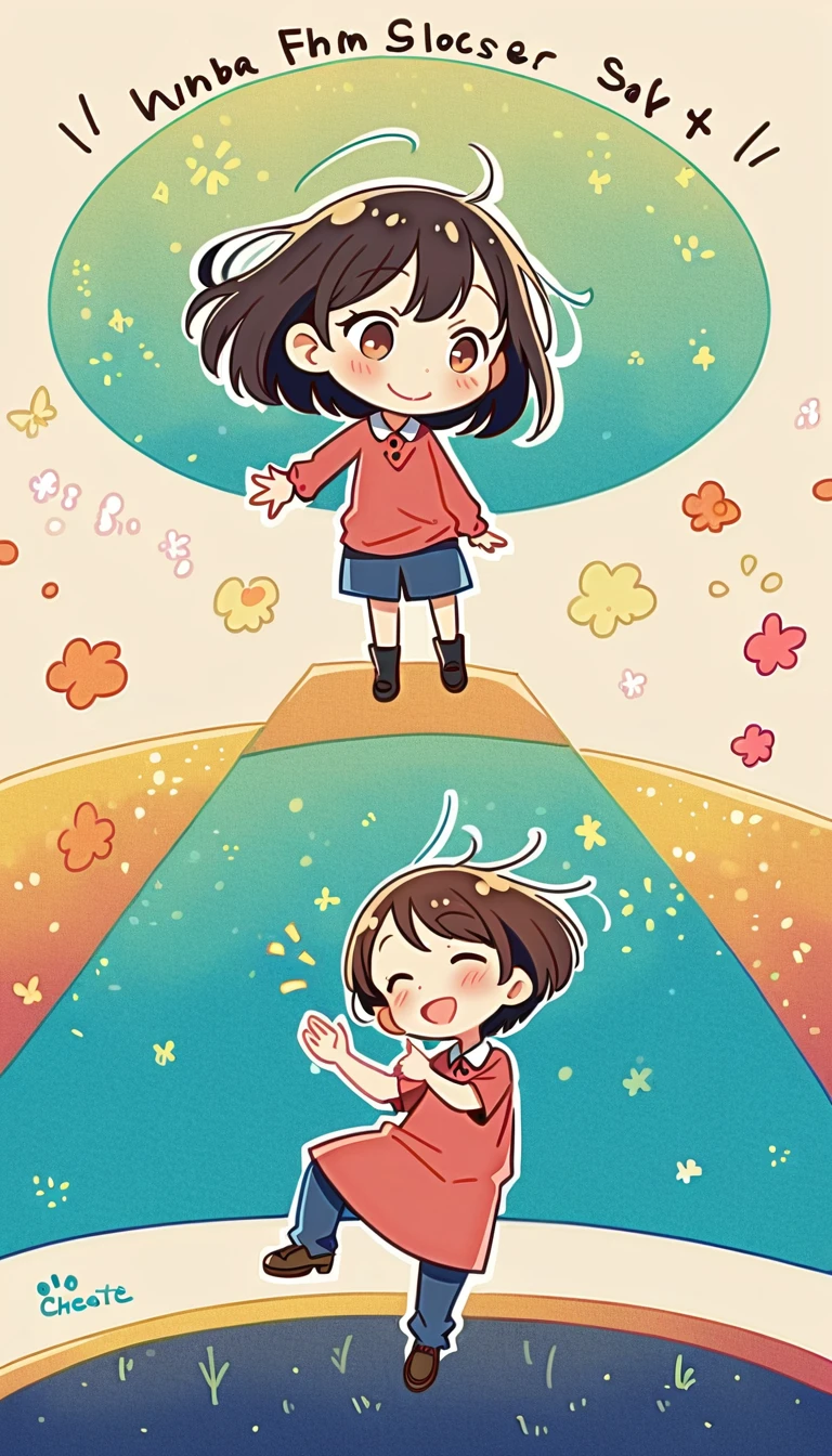 Create a poster of 2 children playing on a rice field ridge, under a clear and cheerful sky. They are playing rock-paper-scissors to determine the winner.