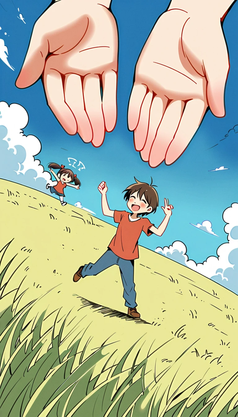 Create a poster of 2 children playing on a rice field ridge, under a clear and cheerful sky. They are playing rock-paper-scissors to determine the winner.