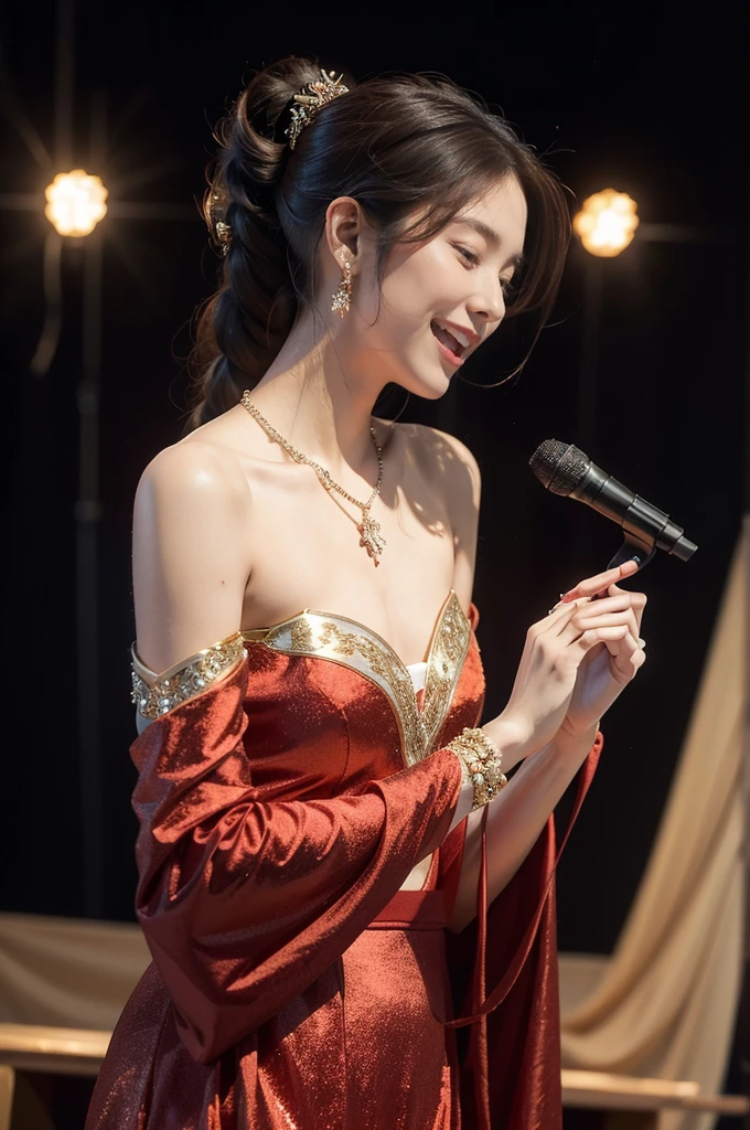 (((best quality))),(((ultra detailed))),(((masterpiece))),illustration, 1girl,singer,solo,short ponytail,open mouth,laughing,slim,thin,flat chest,small breasts,earrings,necklace,Maxi gorgeous sparkled red dress,slender legs,on the stage, performance, passion, confidence, elegance, lighting effects, decorations, audience, melodious voice, beautiful appearance, captivating performance,standing,upper body,from front