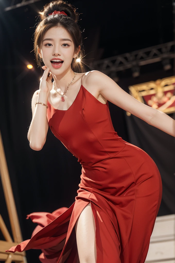 (((best quality))),(((ultra detailed))),(((masterpiece))),illustration, 1girl,singer,solo,short ponytail,open mouth,laughing,slim,thin,flat chest,small breasts,earrings,necklace,Maxi gorgeous sparkled red dress,slender legs,on the stage, performance, passion, confidence, elegance, lighting effects, decorations, audience, melodious voice, beautiful appearance, captivating performance,standing,upper body,from front