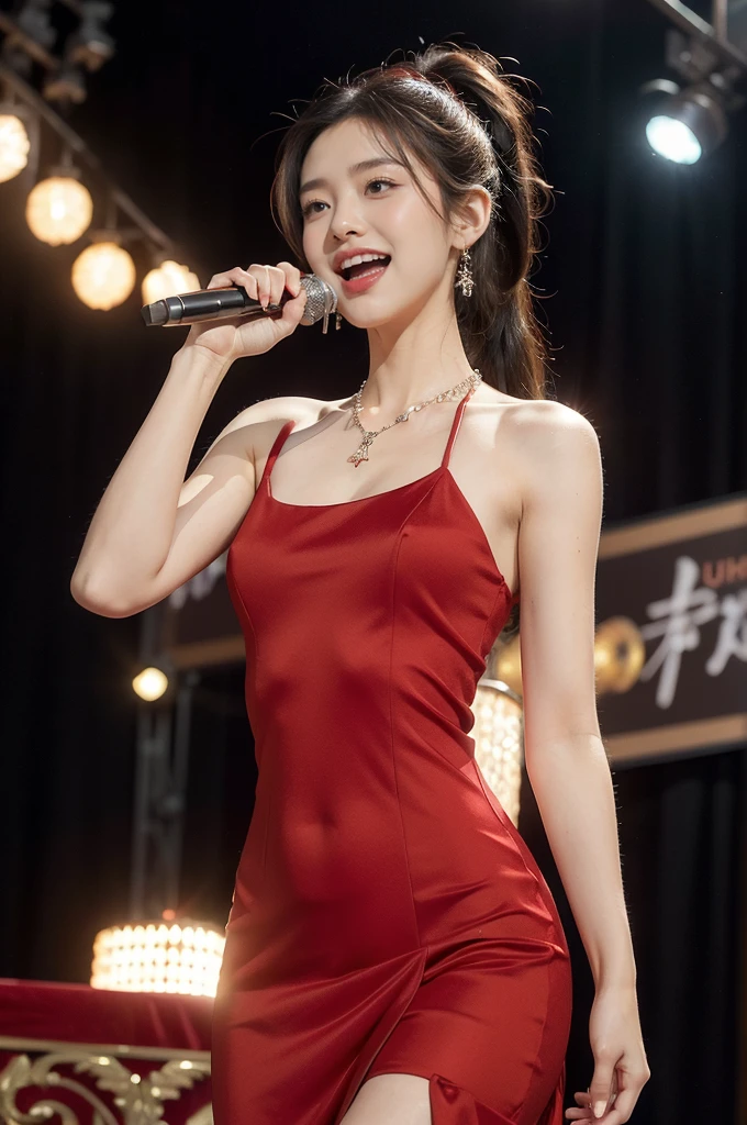 (((best quality))),(((ultra detailed))),(((masterpiece))),illustration, 1girl,singer,solo,short ponytail,open mouth,laughing,slim,thin,flat chest,small breasts,earrings,necklace,Maxi gorgeous sparkled red dress,slender legs,on the stage, performance, passion, confidence, elegance, lighting effects, decorations, audience, melodious voice, beautiful appearance, captivating performance,standing,upper body,from front