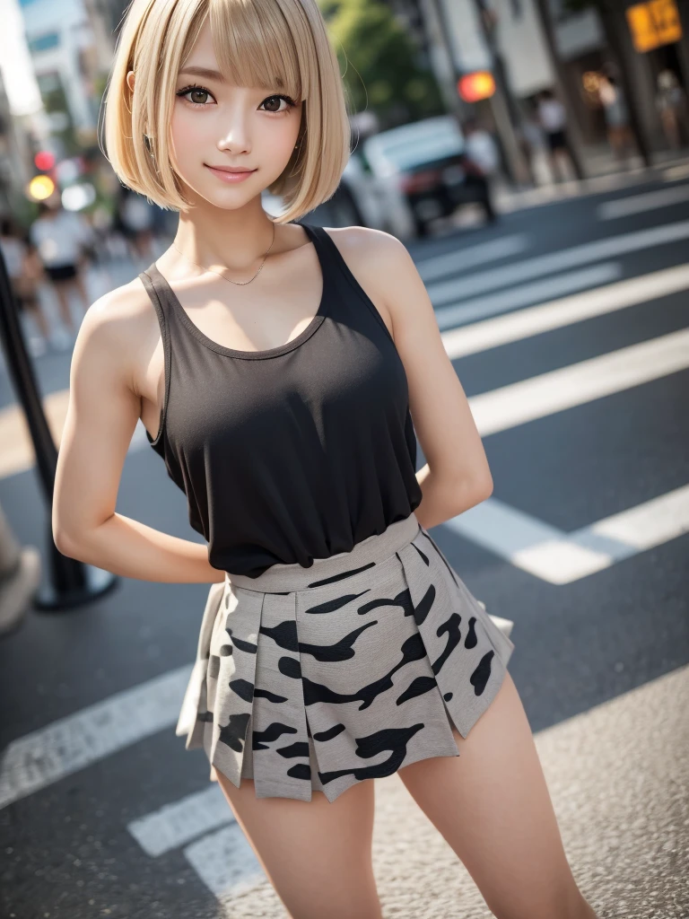 (8K, RAW Photos, Highest quality, masterpiece:1.2), (Realistic, photo-Realistic:1.4), (Highly detailed 8K wallpapers), ((Full Body Shot)), (1 girl), Sharp focus, Depth of written boundary, Cinematic lighting, Soft Light, 緻密な美しさのeye, eye_Chan, Very beautiful 17 year old girl, innocent big eyes, Realistic, photo Realistic, Highly detailed cute girl, (Thin thighs), (Model Body Type), 18-year-old, (White and grey camouflage sports tank top), (Black Micro Mini Pleated Skirt), (((Fold your arms in front of your chest and act arrogantly))), ((A happy smile)), Parted lips, Watching the audience, (On the streets of Tokyo), (Blonde),(Medium Bob Hair), (Asymmetrical bangs)