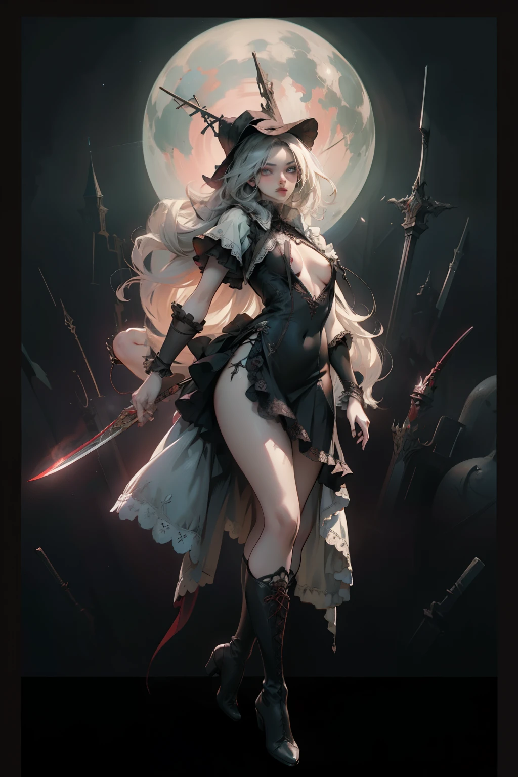 ((best quality)), ((masterpiece)), (detailed), red and white clothing, Bloodborne inspired, occult aesthetic, occult, detailed and intricate steampunk and detailed gothic, NSFW, Very dramatic and cinematic lighting, cosmic horror, grim-dark, side-lighting, perfect face, NSFW, Fluttering lace flared long knee length dress with frilly petticoats, knee length dress, pleated petticoats, ta dress, petticoats gothic lolicomplex lace boots, side-lighting, gothic lolita aetic, wielding a mighty sword with mechanical components, carbine, NSFW, beautiful small breasts, small breasts, full body, whole body, body, NSFW, full body, whole body, head-to-toe NSFW