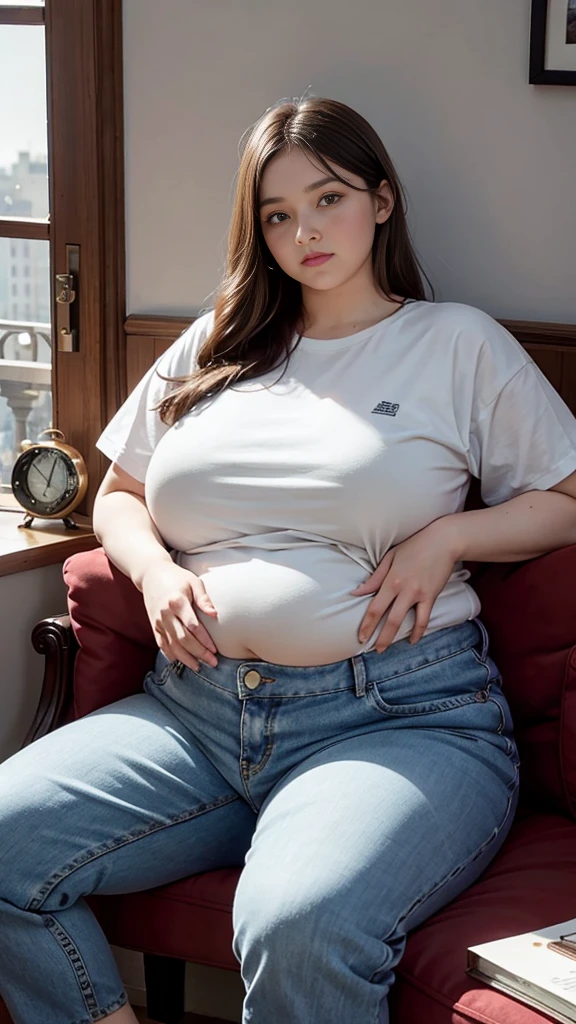 Femme très grosse, assise dans des coussins, Makima, bbwchan, cheveux rouges et yeux jaunes, double menton. Son gros bide sort de son pantalon, elle le carresse avec ses mains. Button pop. Ventre en boule sous le jean. Elle porte un short en jean trop petit et un haut en dentelle, belle lumière sur elle, magnifique femme obese