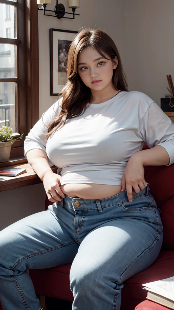 Femme très grosse, assise dans des coussins, Makima, bbwchan, cheveux rouges et yeux jaunes, double menton. Son gros bide sort de son pantalon, elle le carresse avec ses mains. Button pop. Ventre en boule sous le jean. Elle porte un short en jean trop petit et un haut en dentelle, belle lumière sur elle, magnifique femme obese